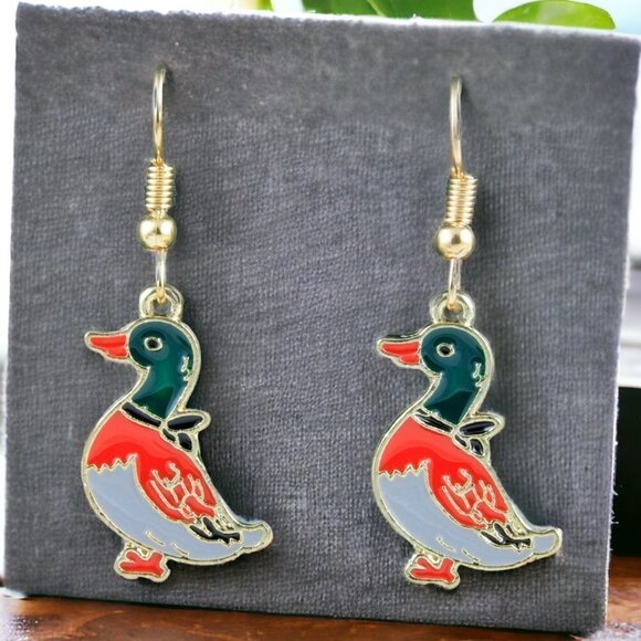 Boutique Jewelry - Enamel Earrings Duck Handmade